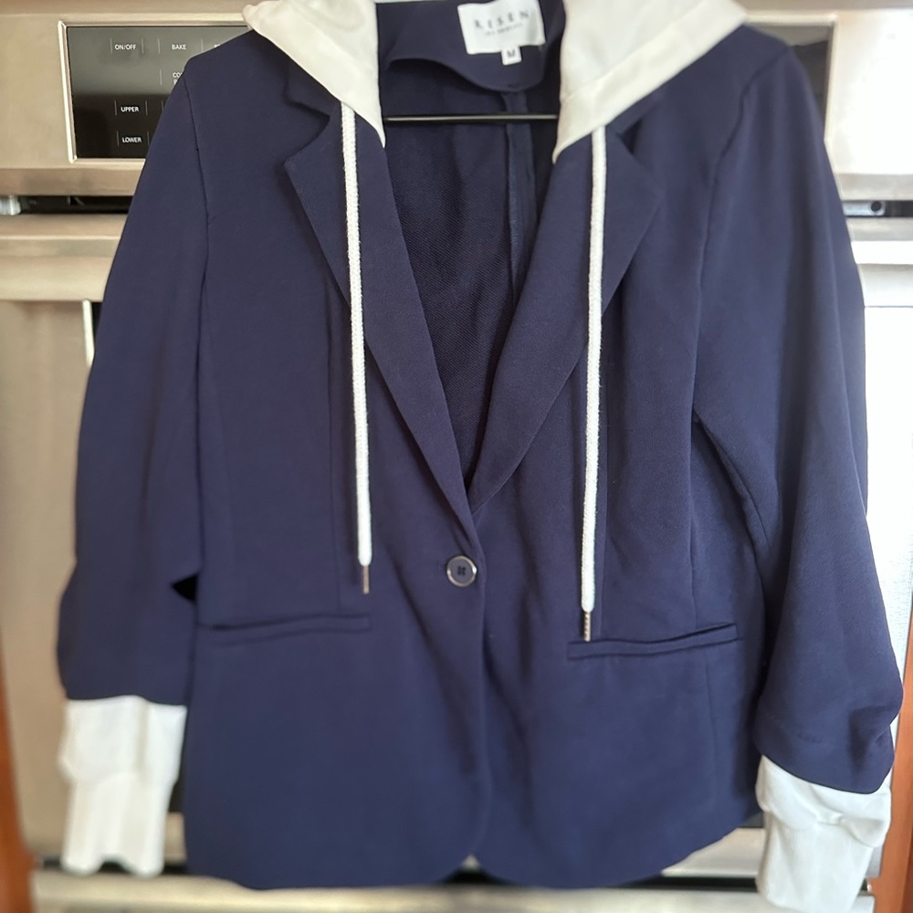 Risen Navy Blue Women's Jacket with White Accents — mock sweatshirt with hood.